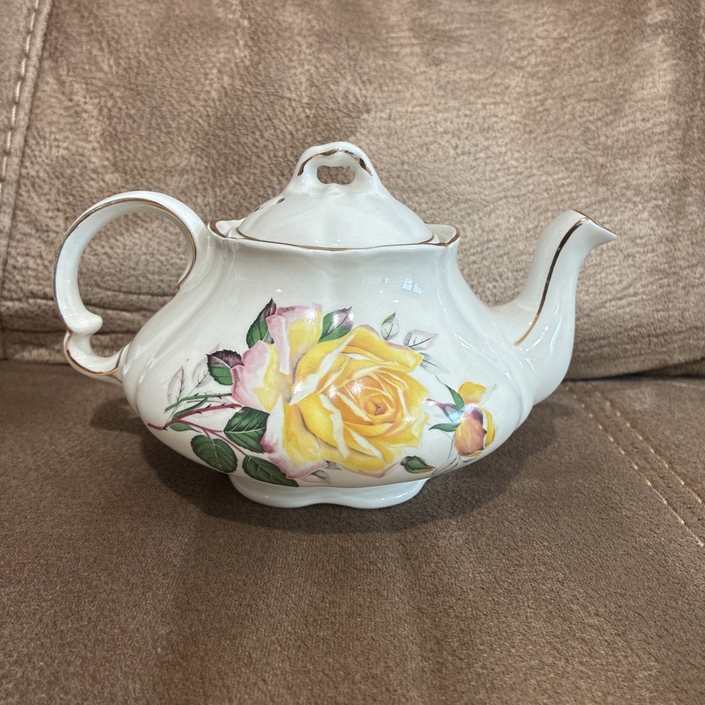 Vintage Ellgreave England Ironstone Teapot Yellow Roses Gold Scalloped Trim