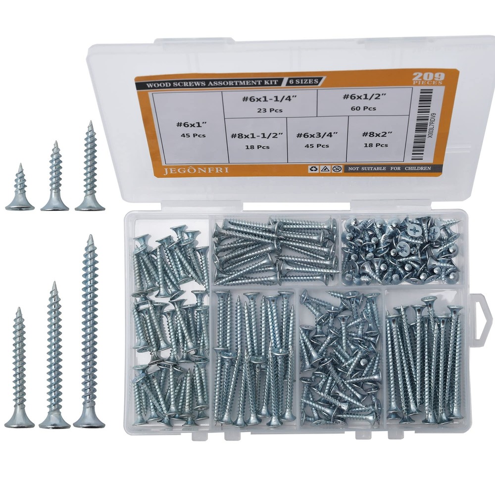 High Hardness Wood Screws Assortment Kit 209 pcs Phillips Drive Flat Head Woo...