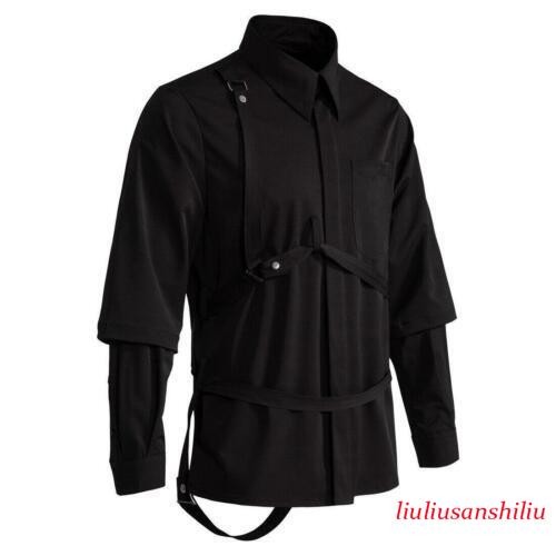 Mens Shirt Double Sleeves Gothic Fashion Tops Loose Strap Punk Casual Larger Sz