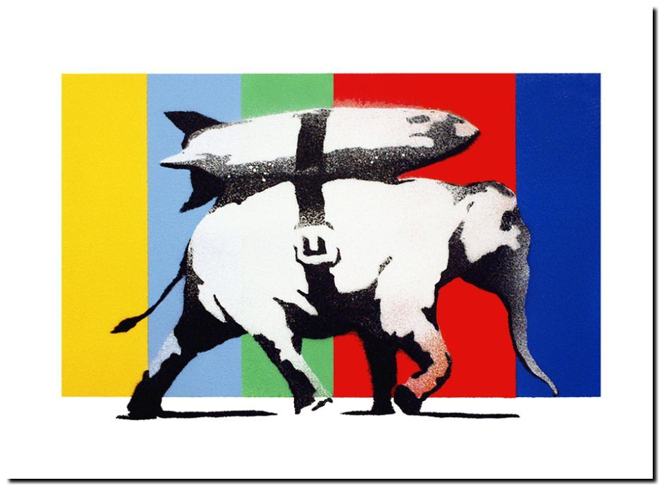 BANKSY STREET ART *FRAMED* CANVAS PRINT Elephant Heavy Weaponry 18x12