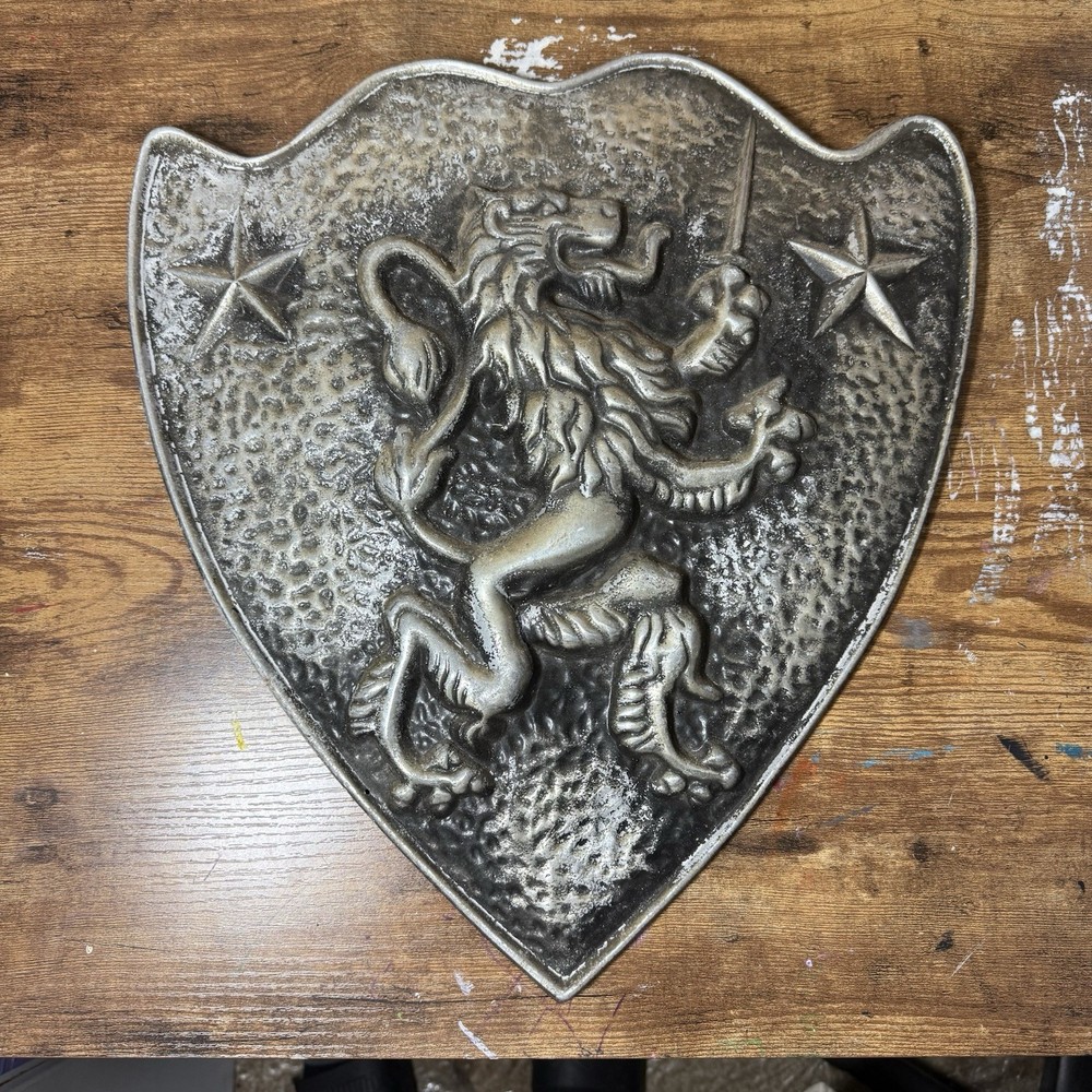 Vintage Cast Aluminum Medieval Lion Shield Wall Plaque Metal Decor 19 Inches