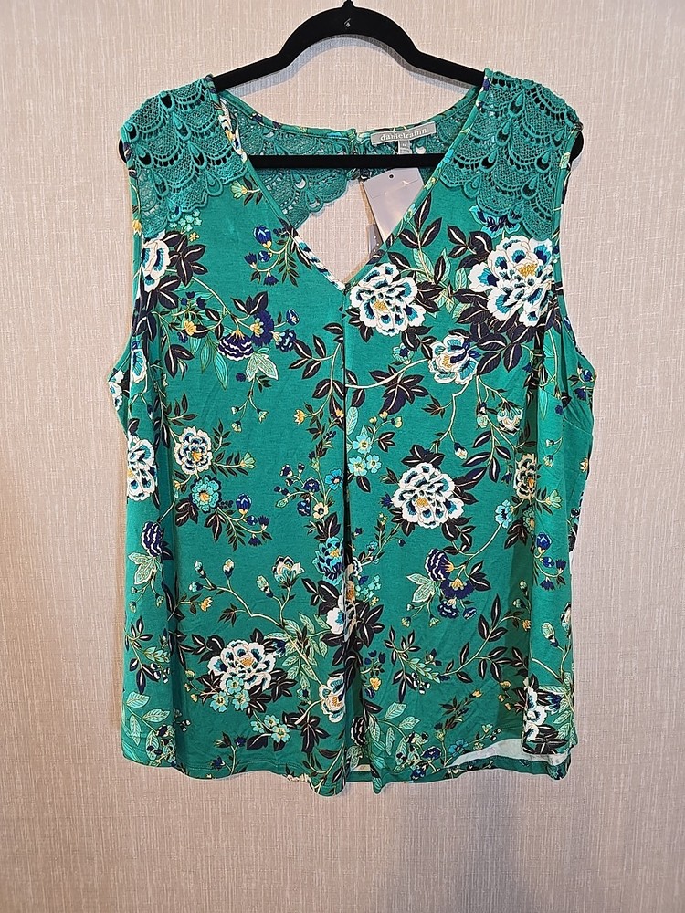 Daniel Rainn Womens Floral Tank Top Green Crochet Trim Sleeveless Tunic 3X New