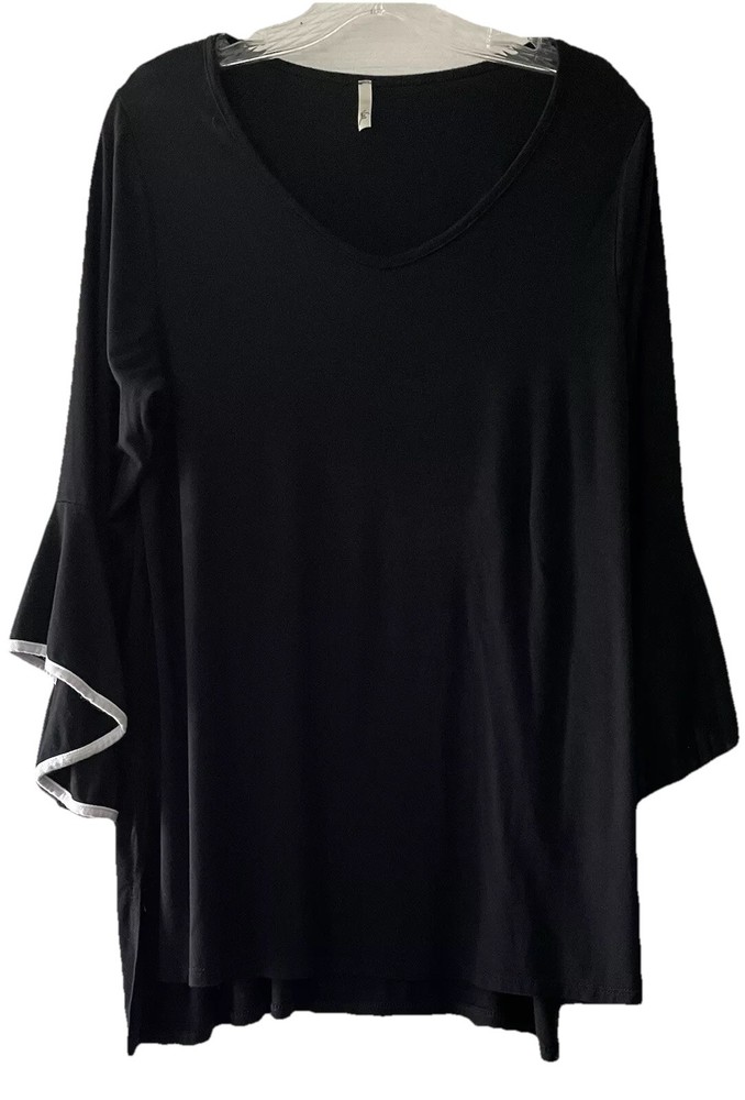 Voll Womens Size Large Black Tunic Top Stretchy Ruffle Sleeve Dressy Shirt