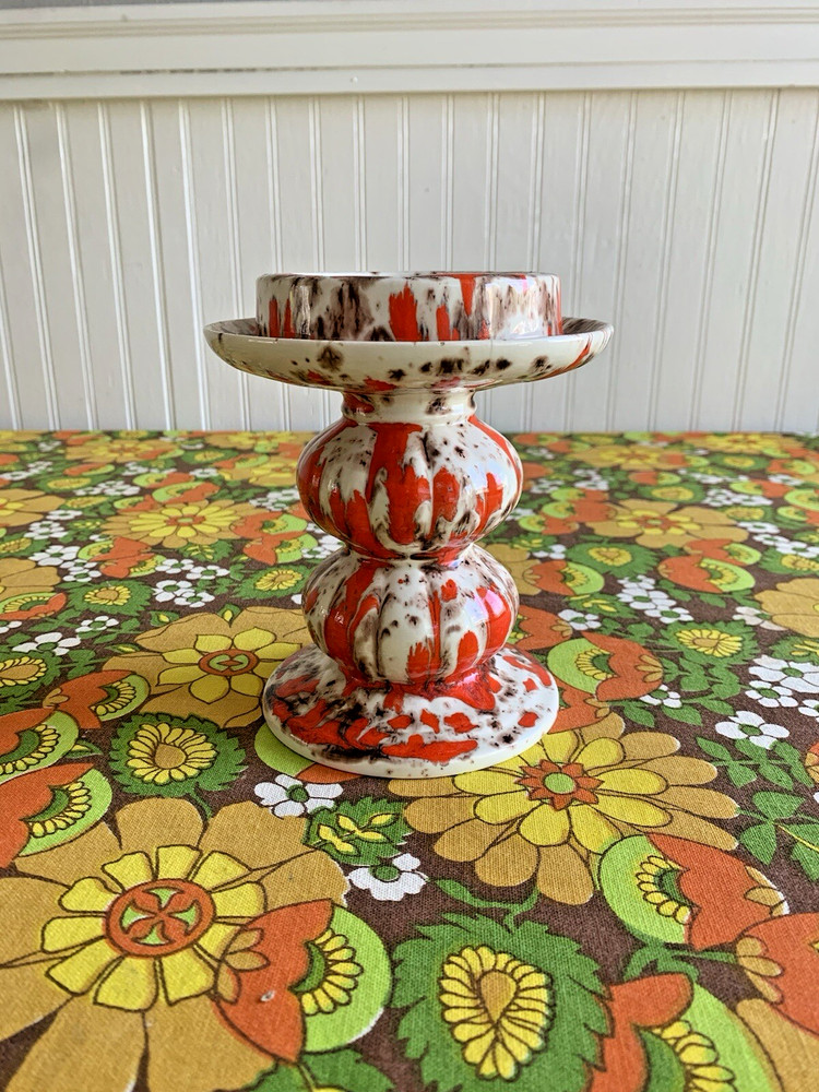 Vintage 70’s MCM Ceramic Drip Glazed Splatter Pillar Candle Holder