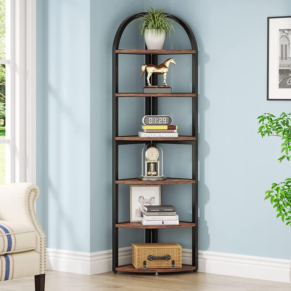 6 Tier Tall Corner Bookshelf for Small Spaces - Rustic Wood Plant Shelf 71 Inch