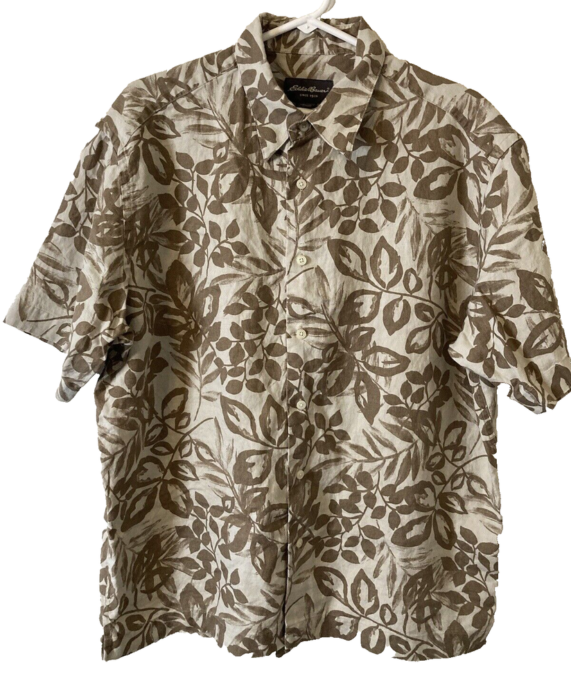 Eddie Bauer Mens Large Brown Linen Hawaiian Floral Short Sleeve Shirt