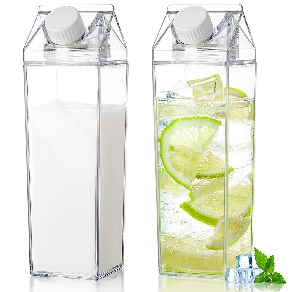 2 Pack 17oz Milk Carton Water Bottle, Reusable Square Plastic Milk Bottles, P...