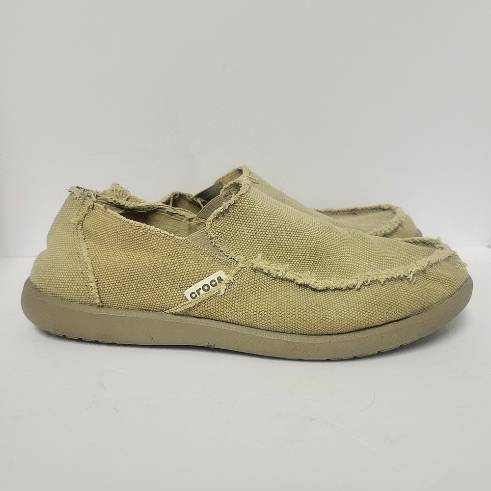 Crocs Santa Cruz Canvas Loafers Khaki Beige Burlap Distressed Slip Shoes Sz 9