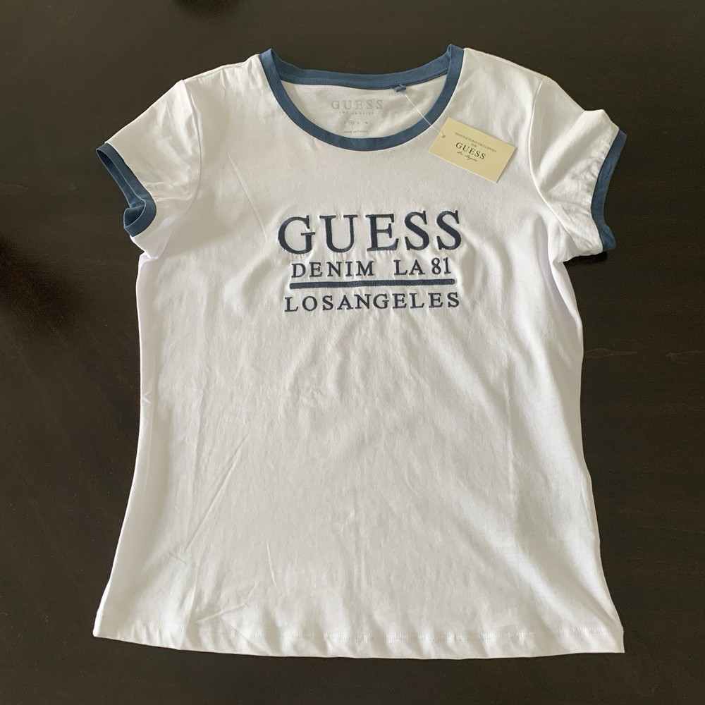 GUESS Denim LA 81 Los Angeles Short Sleeve T-Shirt White Blue Womens Size M