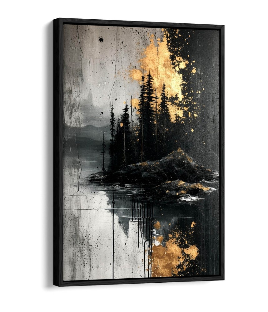 BLACK GOLD FOREST RIVER LANDSCAPE FLOAT EFFECT FRAMED CANVAS ART PIC PRINT