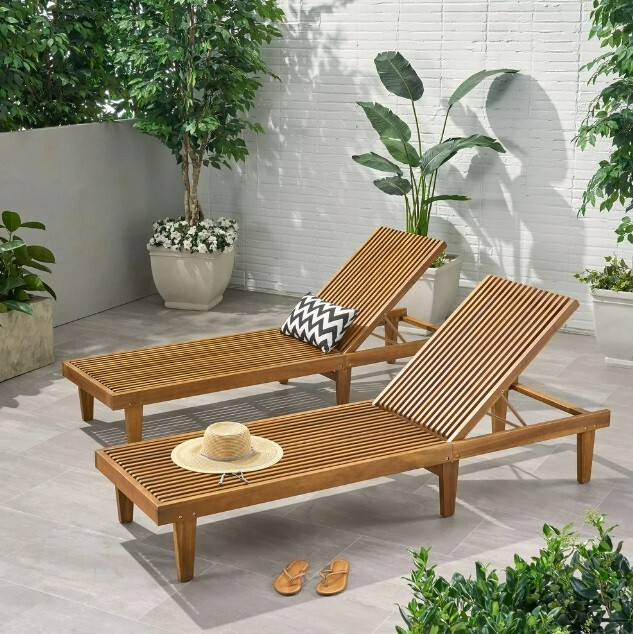 Acacia Wood Chaise Lounge with Reclining Slatted Design for Resort Patio Living-image