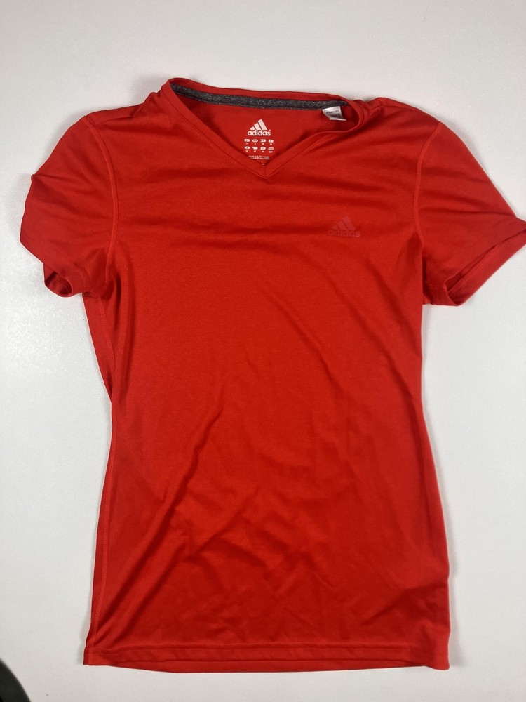 Adidas Shirt Womens Small Red Climalite V-Neck Athletic Tee Short Sleeve Running