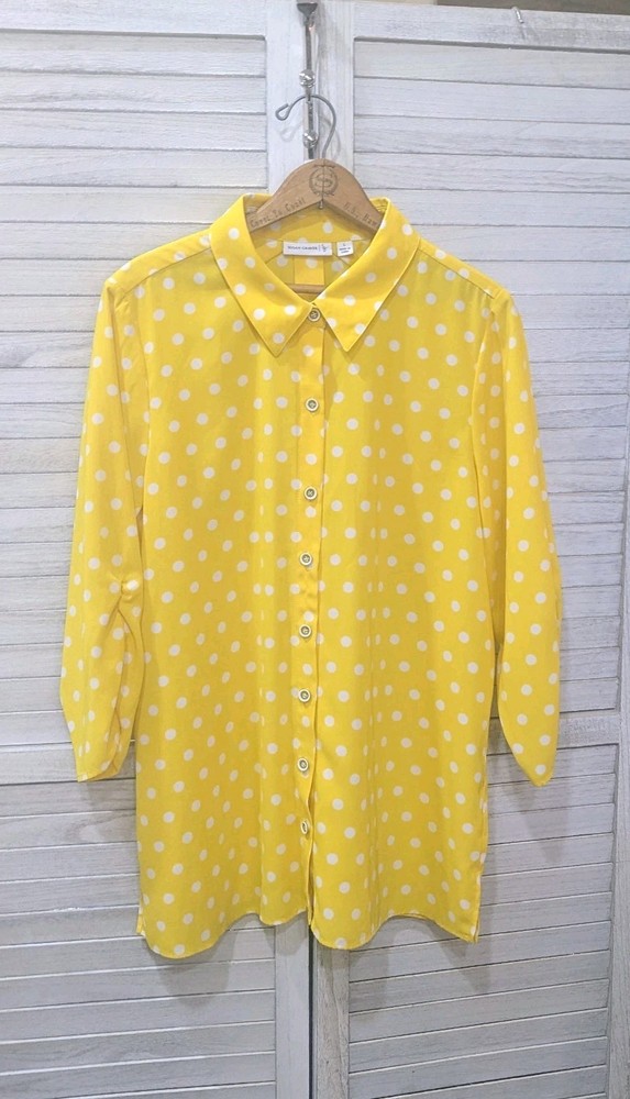 Bright Yellow Susan Graver Button-down Relaxed Shirt Polka Dot 3/4 sleeves Sz L