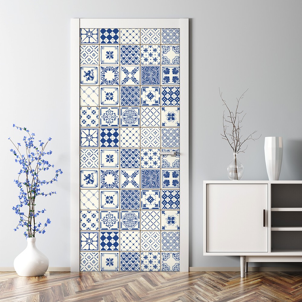 Azulejos pattern Bubble Free Door sticker blue and white Home Decor