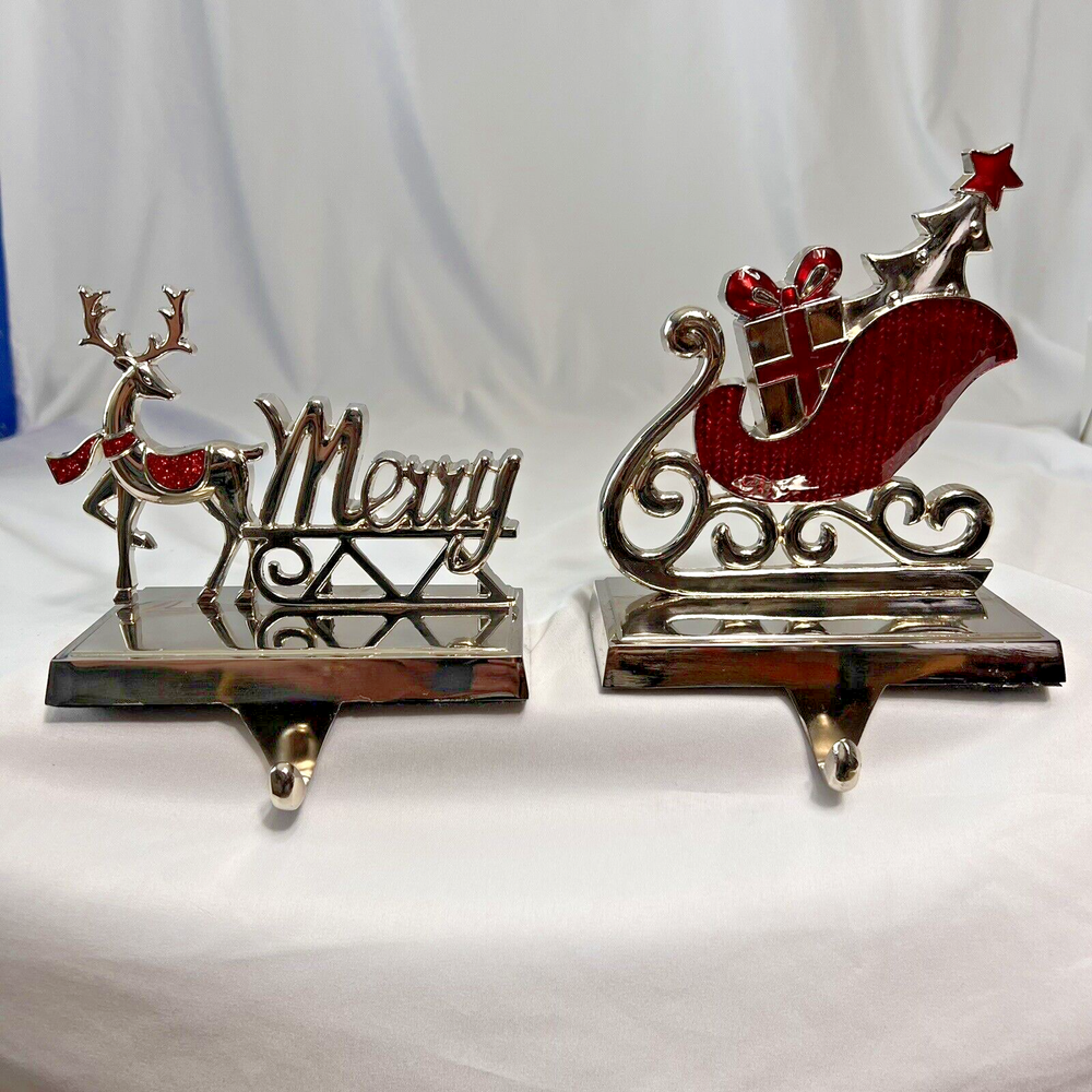 2 Silver Tone Chrome Stocking Hangers Red Enamel Accent Deer & Sleigh Christmas-image