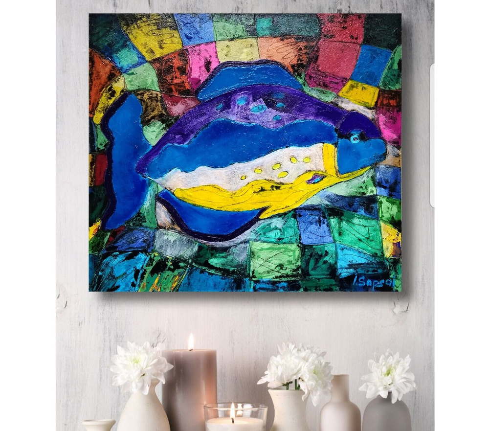 Original abstract colorful painting with whimsical fish, Modern art-image