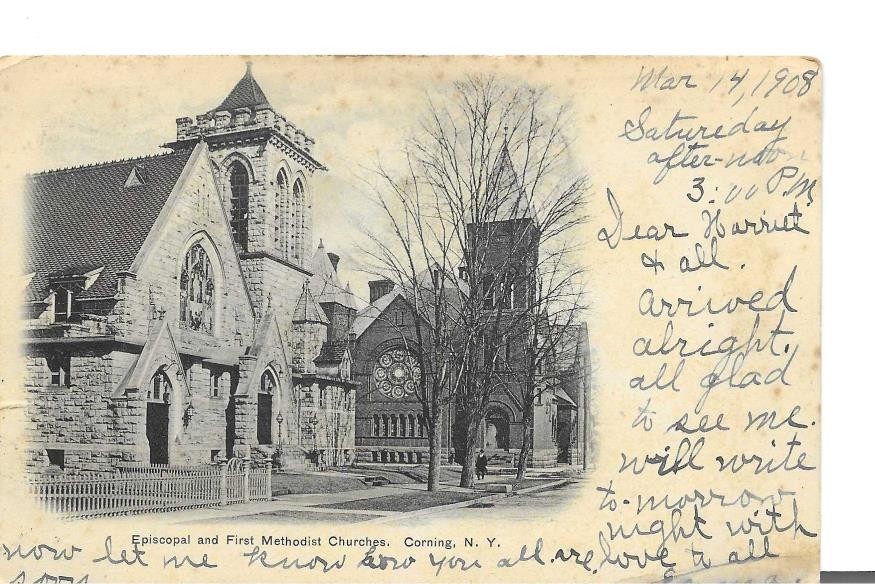 Vintage Postcard Episcopal & First Methodist Church Corning NY PM 1908 007003