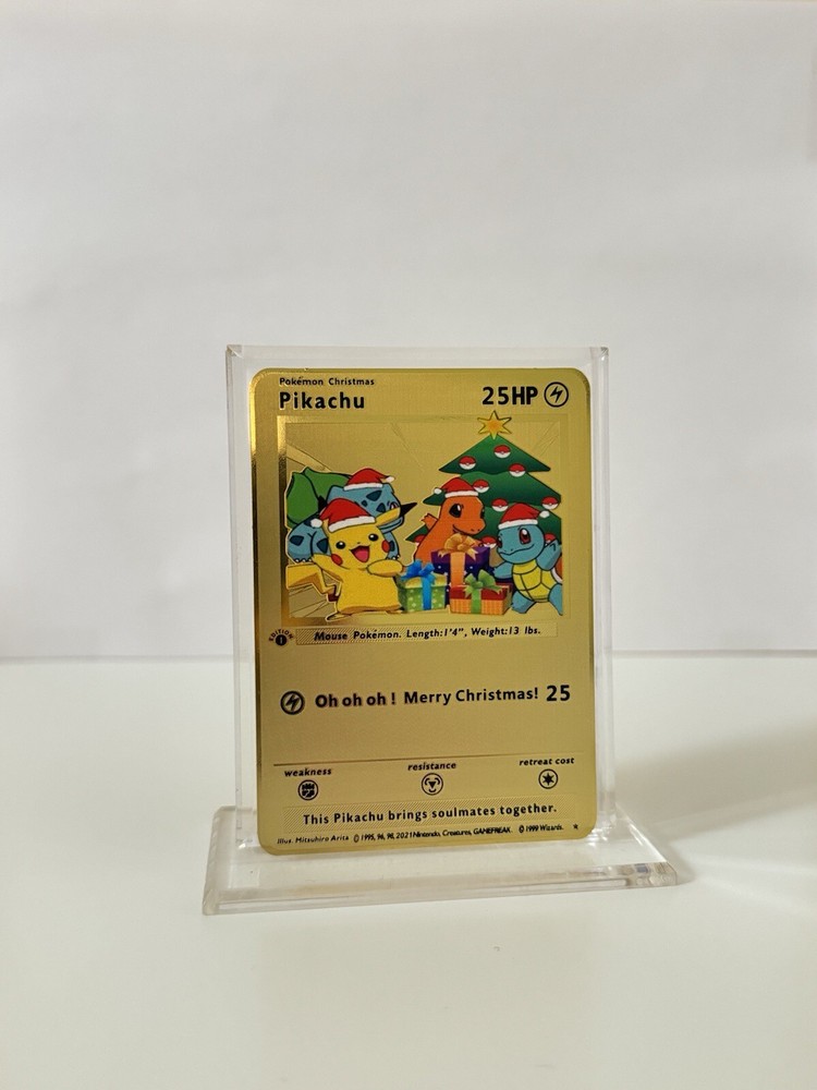 Pokemon Christmas Pikachu METAL GOLD CARD - Gift / Present / Fan Art - New Year