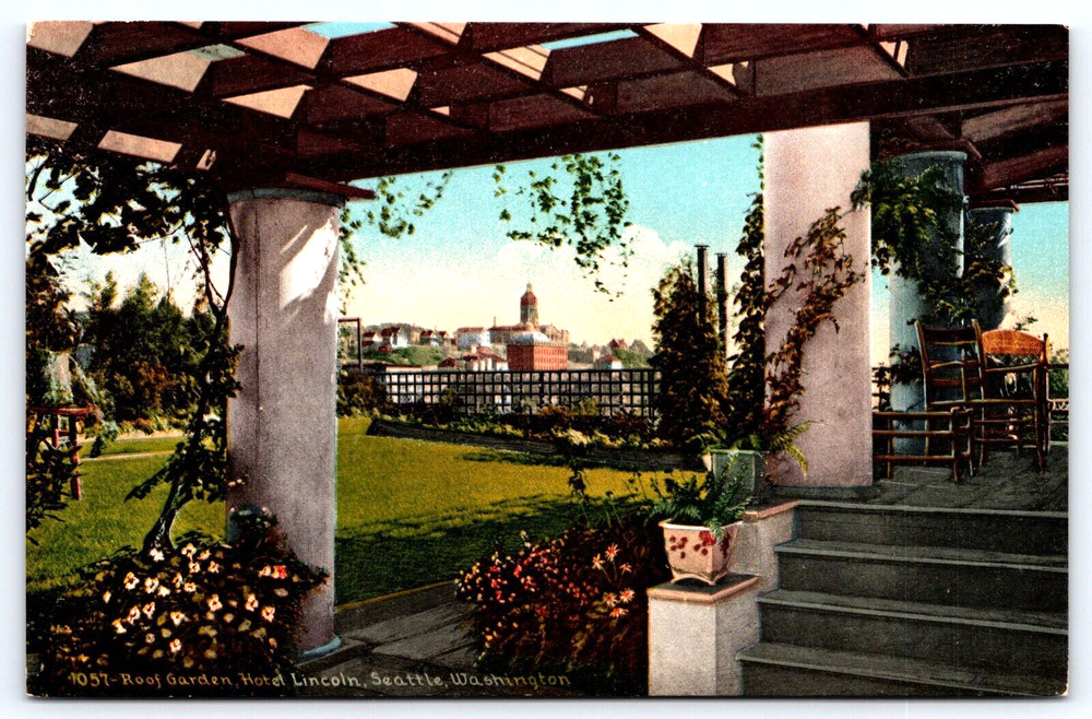 Seattle Washington WA Hotel Lincoln Roof Garden Flowers Vintage Postcard