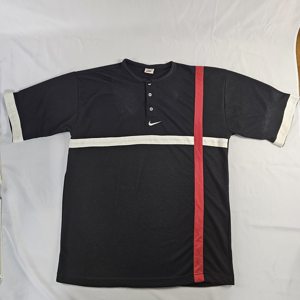 Vintage Y2K Nike Mens XL Center Swoosh Mesh Shirt Black Red White 3 Button READ⬇