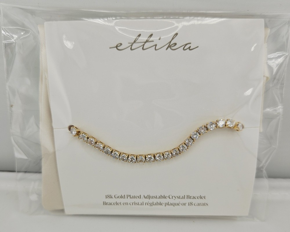 Ettika Dainty Crystal Tennis Bracelet 18K Gold Plated Adjustable Slider New