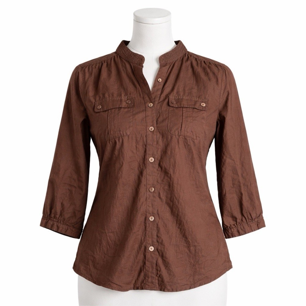 Chico’s Lightweight Brown Cotton Button Shirt 3/4 Sleeve Size Small Chico’s 0