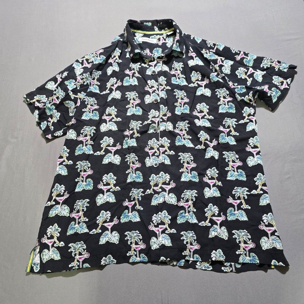 Tommy Bahama Men's Black Cocktail Palm Tree Short Sleeve Button Up Shirt Large