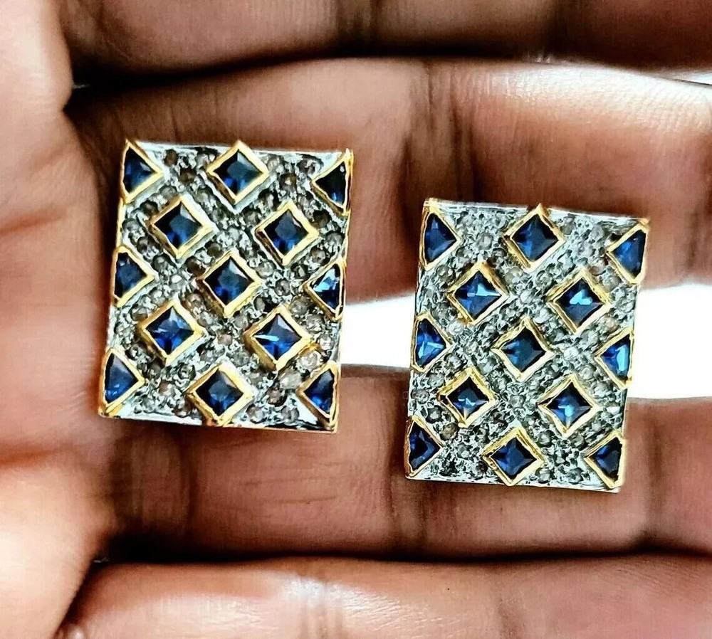 2.50Ct Princess Blue Sapphire Lab Created Men's Cufflinks 14K Yellow Gold Plated