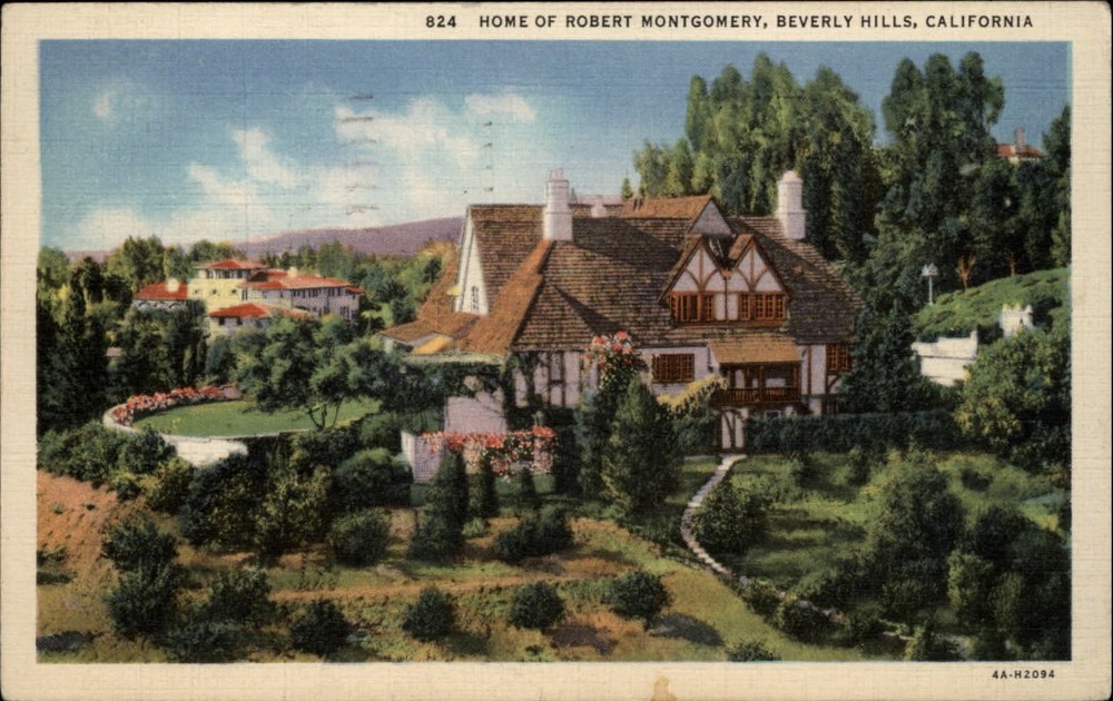 Robert Montgomery Home Beverly Hills California ~ 1940s linen postcard