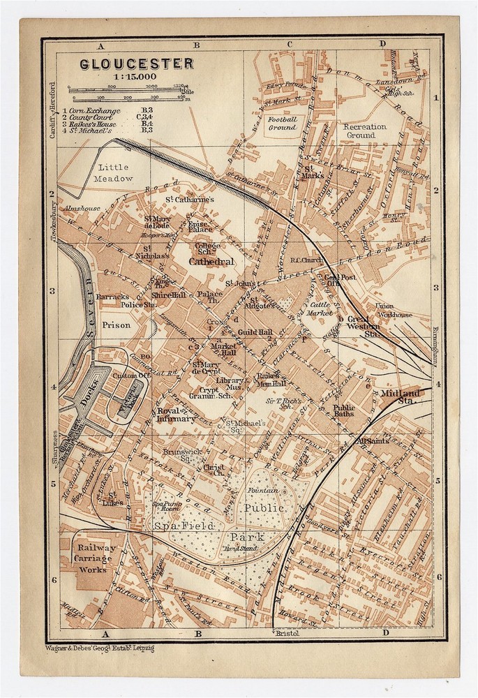 1906 Original Antique City Map Of Gloucester / Gloucestershire / England