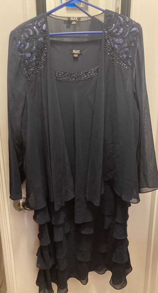 SLNY 24W, Women's 2 Piece Embellished Chiffon Jacket Dress, Navy.   039