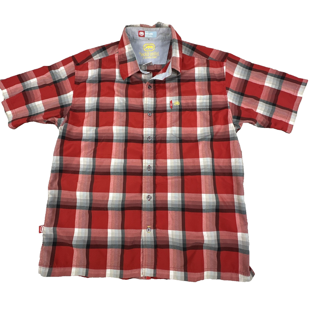 Ecko Unltd. Men's Short Sleeve Plaid Button Down Shirt Red White Size M