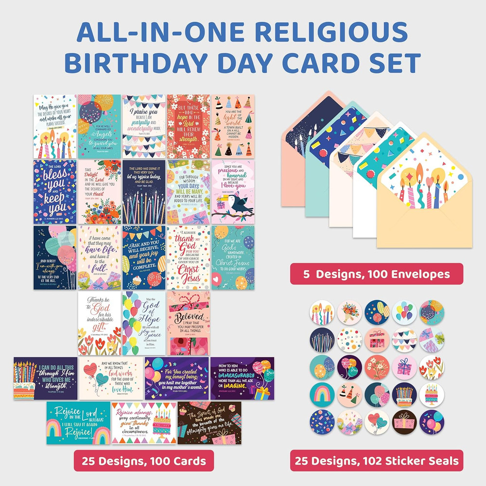 100 Pack 4X6In Box of Christian Birthday Cards Bulk Envelopes Stickers 25 Folded