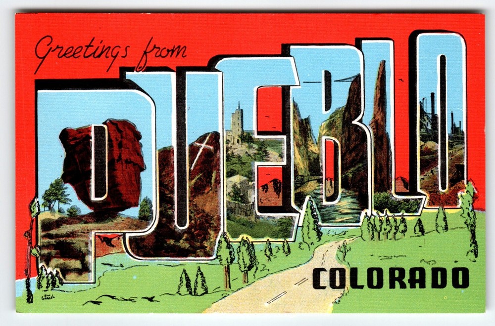 Greetings From Pueblo Colorado Large Letter Linen Postcard EC Kropp Vintage