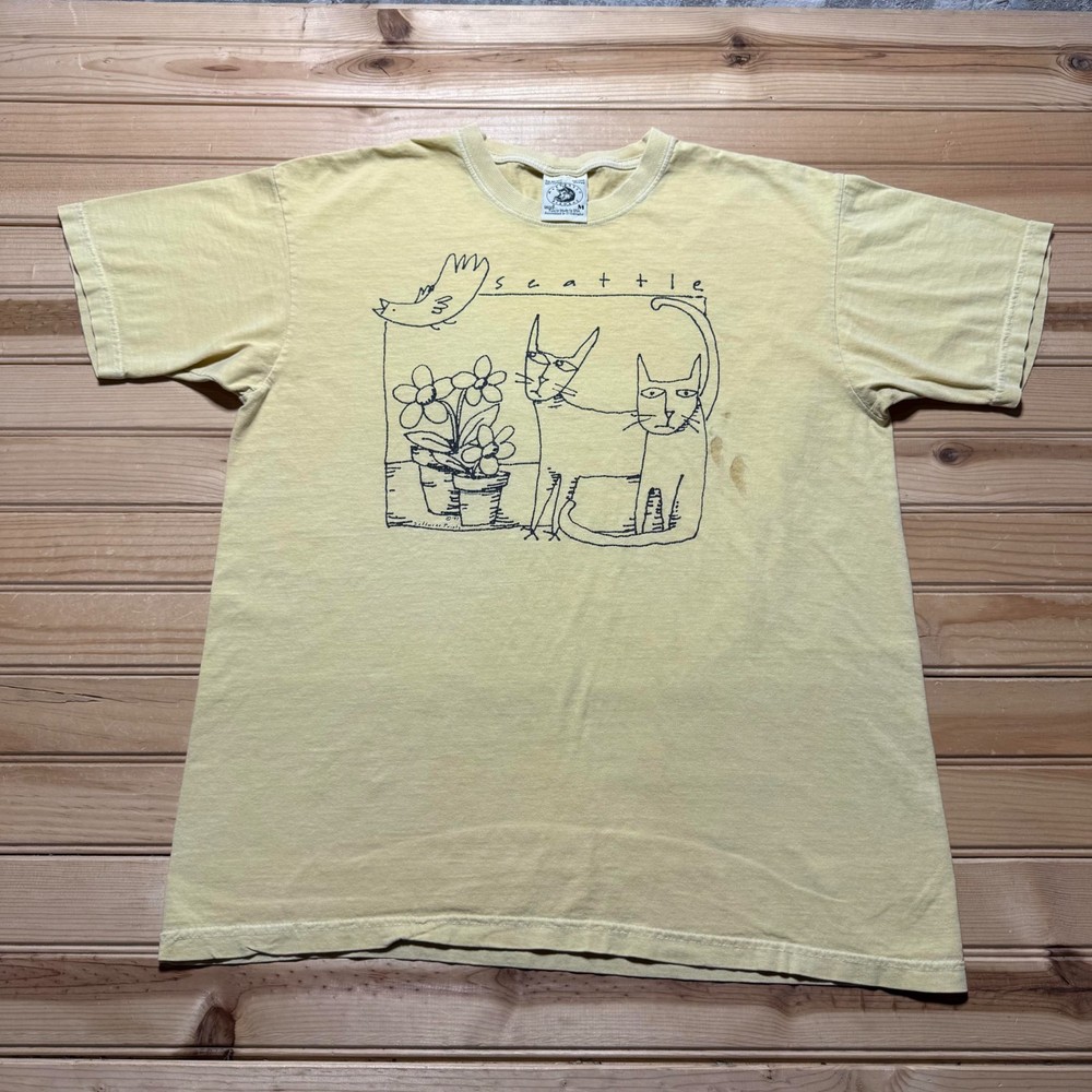 Vintage 1997 Seattle Cats Bird Flowers Graphic Souvenir T-Shirt USA Made Medium