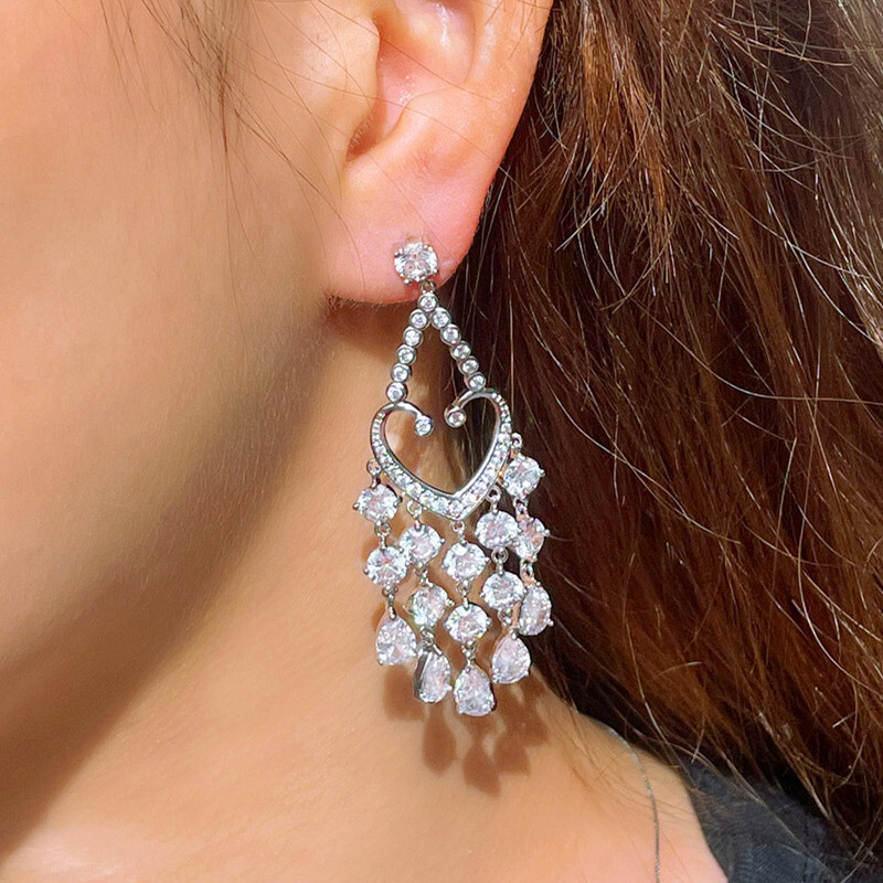Silver Plated Cubic Zircon Tassel Dangle Drop Long Chandelier Earrings for Women