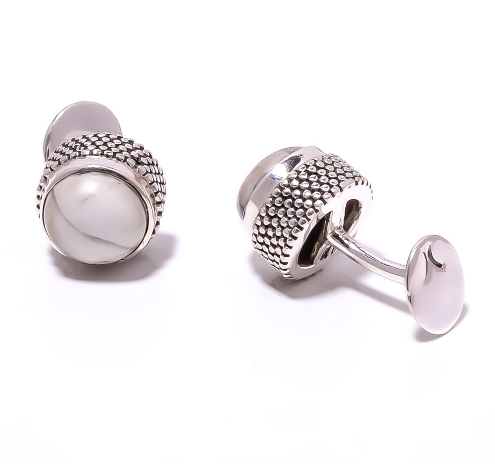 Howlite - Usa Gemstone 925 Sterling Silver Bali Men's Cufflink T989 CL1035-30 A3