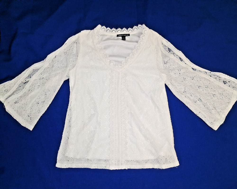 Cable & Gauge Size Medium Tunic Bell Sleeve Opn Blouse Shirt Top White Lace