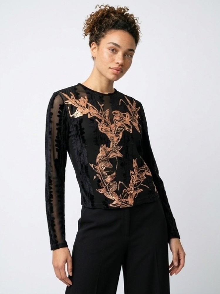 Jeans de Christian Lacroix vintage black mesh top & golden motives. Size Large