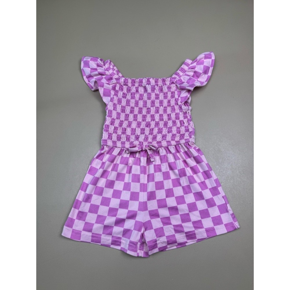Picapino Girls Romper Size 5 Pink Checkered Smocked Flutter Sleeve