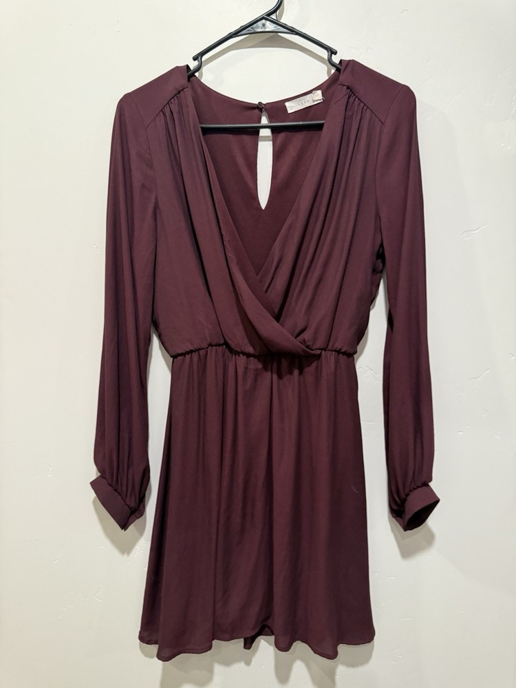 Lush Womens Dress Long Sleeve Knee-length Maroon Size S w/ Lining V-neck