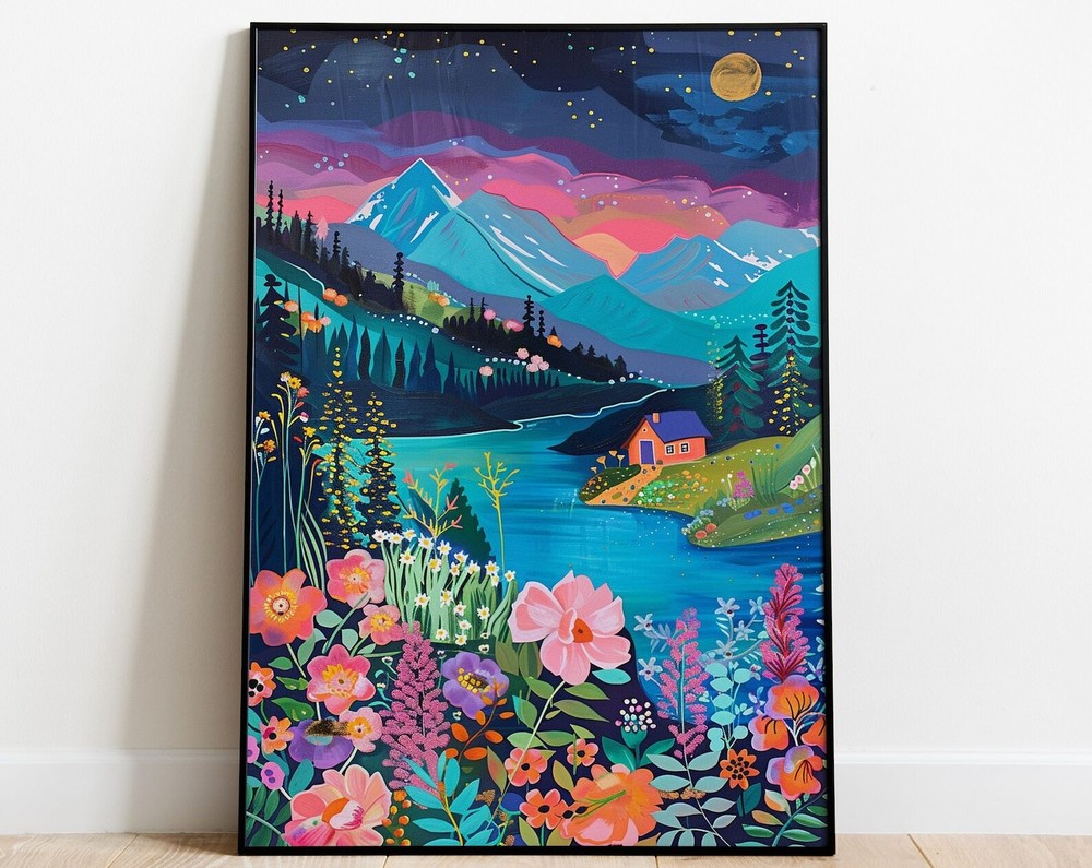 Maximalist Floral Garden Mountain Valley Artwork Colorful Wall Art Art Living