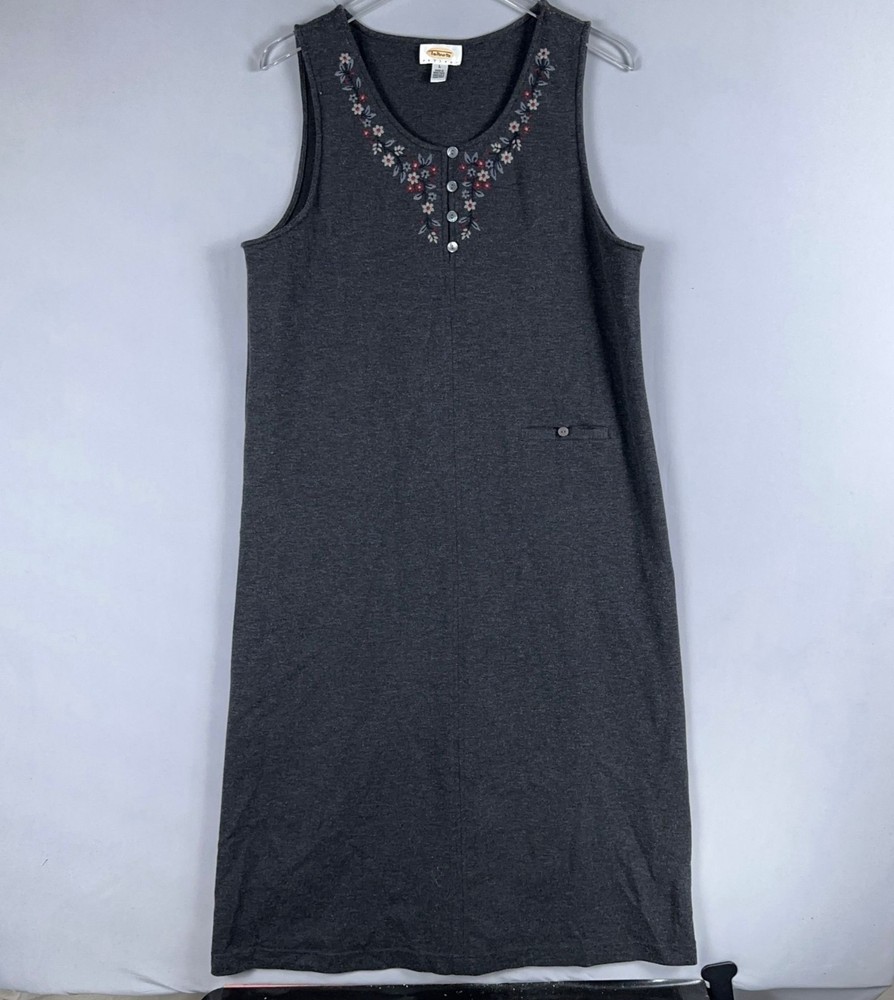 Talbots Dress Size Large Gray Sleeveless Midi Embroidered Floral Print Neck