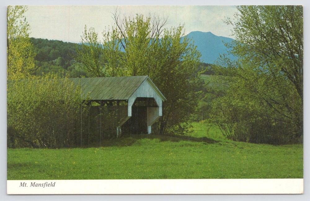 Bridge~Covered Bridge & Mt Mansfield Cambridge Vermont~Vintage Postcard
