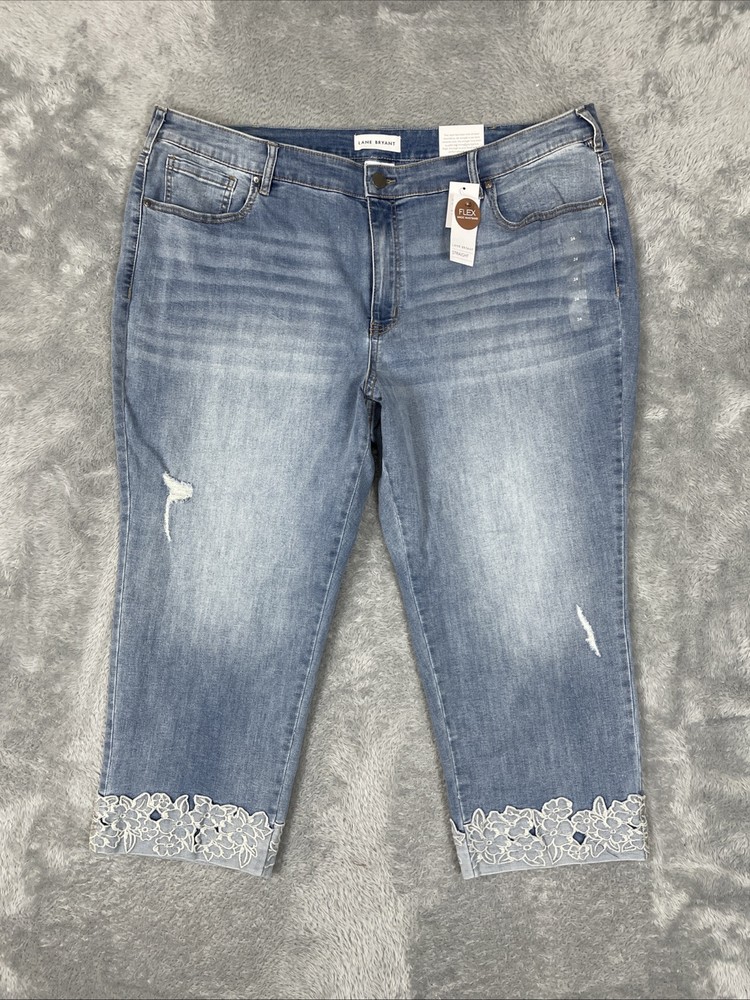 Lane Bryant Jeans Women's 24 Blue Straight High Rise Flex Magic Floral Embroder