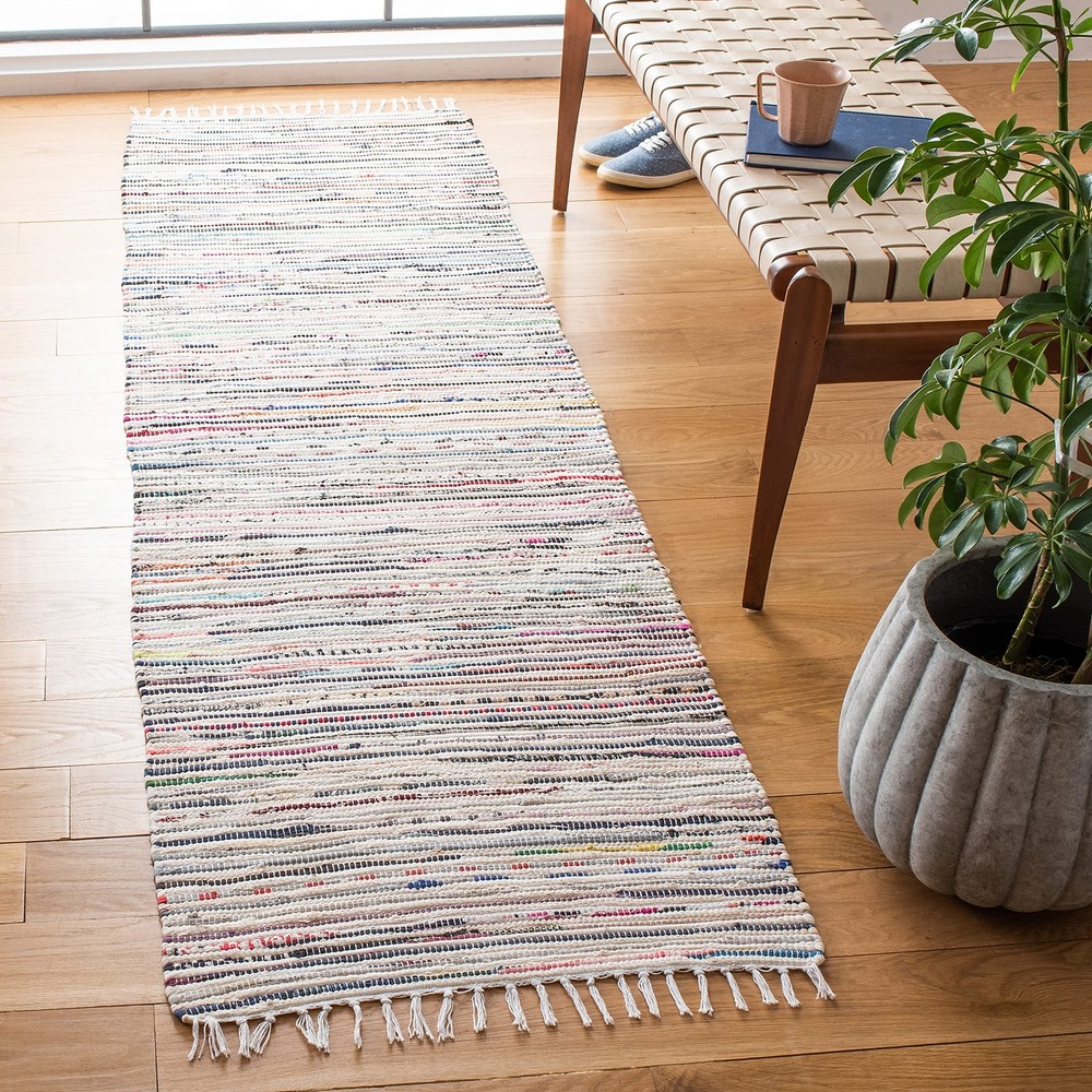 Handmade Boho Stripe Rag Rug Runner 2x8 Feet Ivory Multi Striped Handwoven Vintage Style Rug for Hallway Kitchen or Living Room