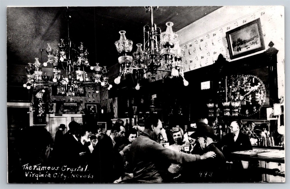 RPPC The Famous Crystal Bar Chandelier Virginia City NV C1940s Postcard AC4