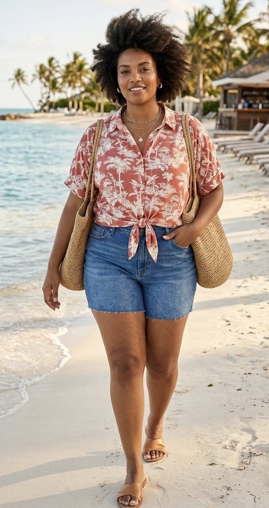 American Eagle Women’s XL Red Tropical Palm Print Tie Front Button Blouse Top