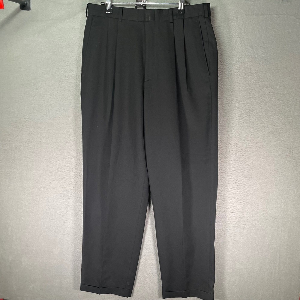 Slates Dress Pants Mens 32x32 Black Pleated Cuffed Wool Blend Classic Vintage