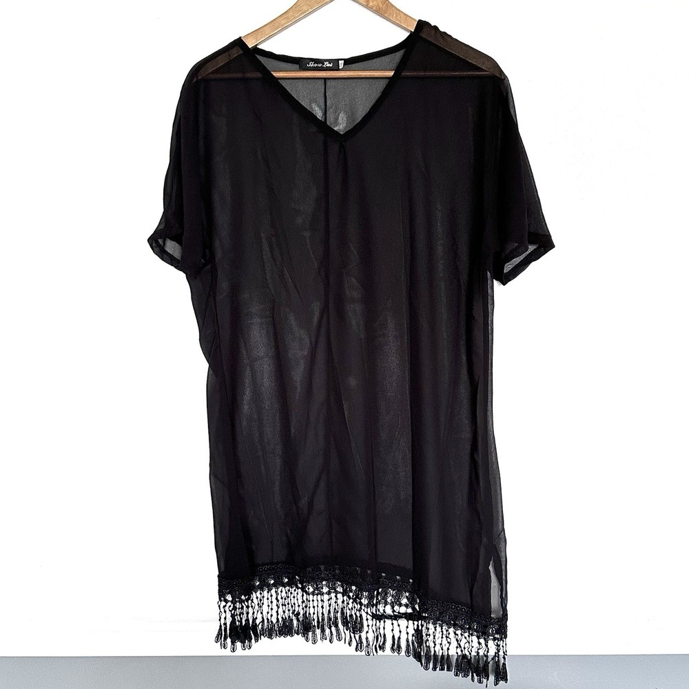 Show Lai Tunic Women’s XXXL Black Sheer V Neck Short Sleeve Shirt Top